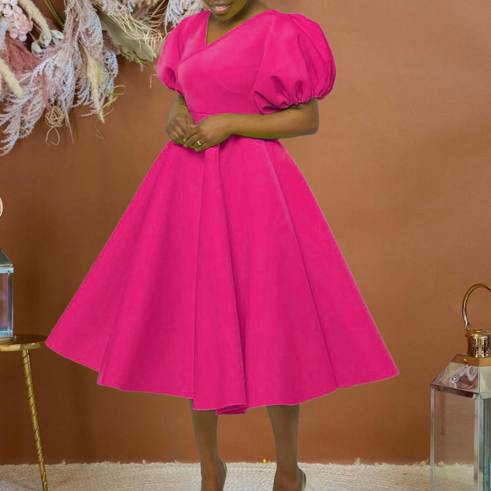 D362 independent station  women's clothing  new fashion v-neck puff sleeve plus size dress african dress