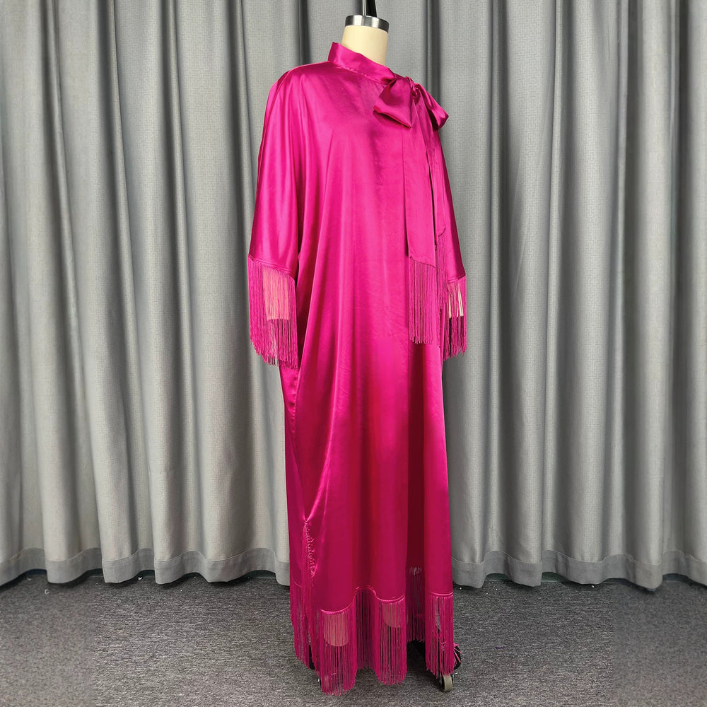 New african solid color batwing sleeve dress with bow tie and satin tassel robe dress (bubudress)