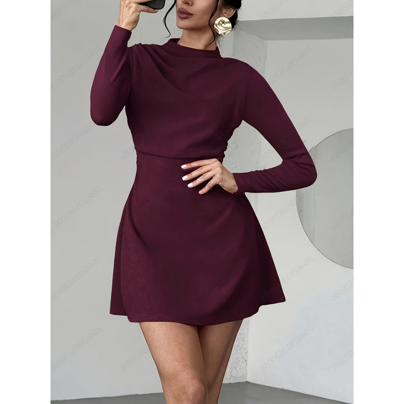 Women's autumn/winter fashionable elegant minimalist long sleeve cinched waist short dress - perfect for dates/work/everyday wear