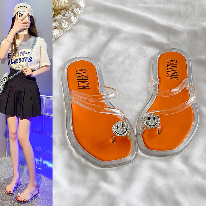 European and american fashion rhinestone smiley face flip-flops, transparent beach sandals, slimming summer outerwear, versatile casual slides