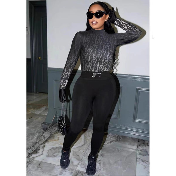 FC1272 European and American   specializes in fashion high-necked gradual change positioning printing tight long-sleeved pants set
