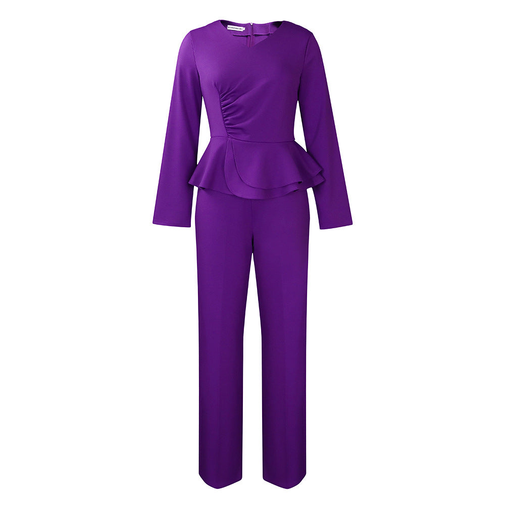 D458 independent station foreign trade suit fall and winter new arrivalfashionolrufflesv necktops pantsfashiontwo-piece set
