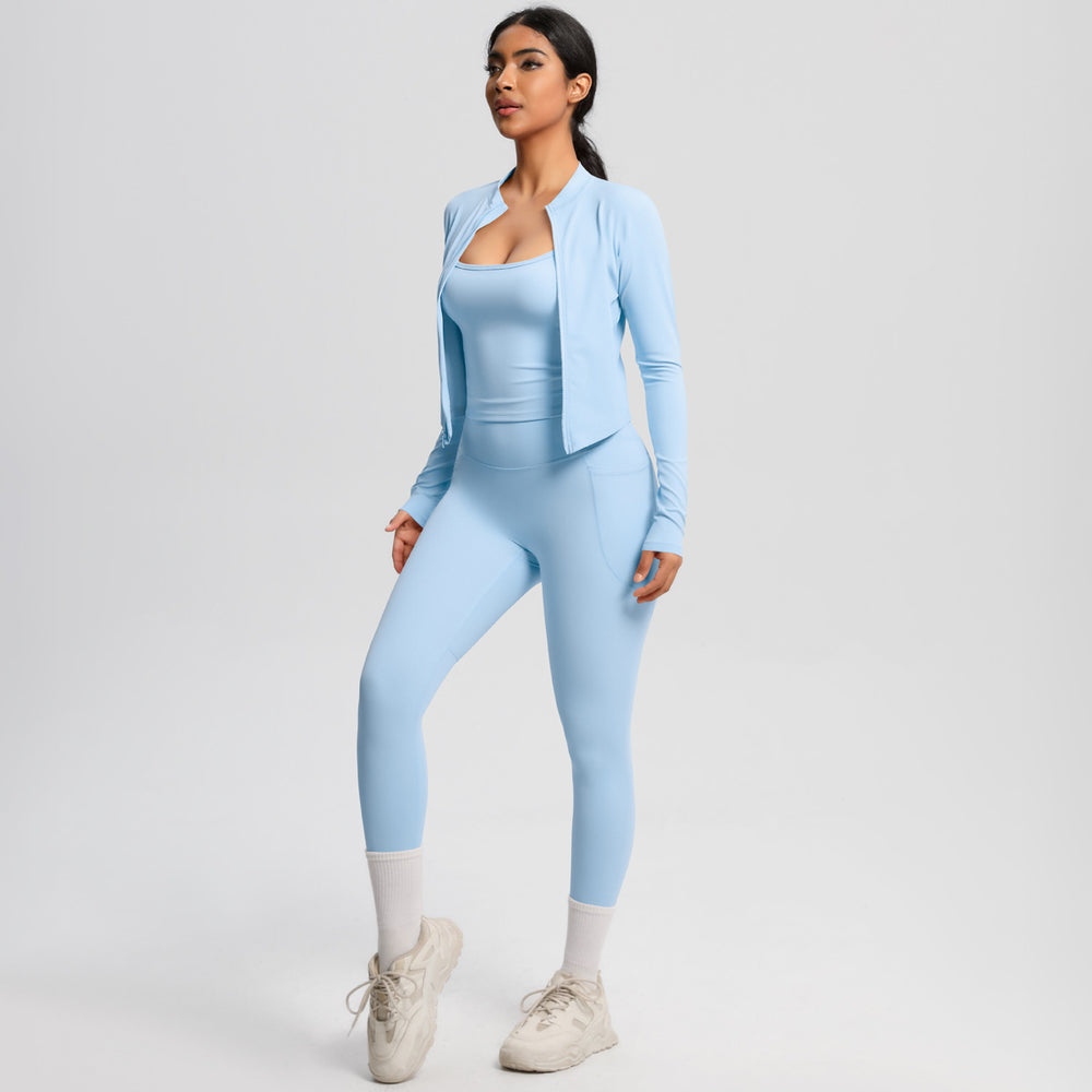 European and american outdoor casual tight-fit pocket yoga outfit set - quick-dry, high-waisted, slimming, cloud-like comfort, three-piece activewear set