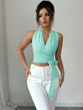 fashionsummernew arrival rose red stripes wrap-around haltertops side straps waist exposed navel