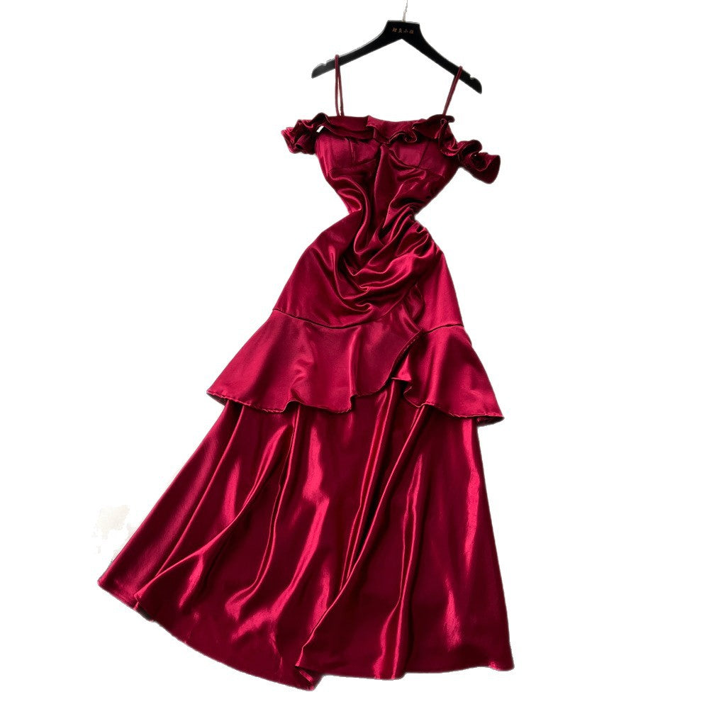 French red camisole dress with padded bust, satin, cinched waist, ruffle trim, sleeveless a-line, elegant party dress