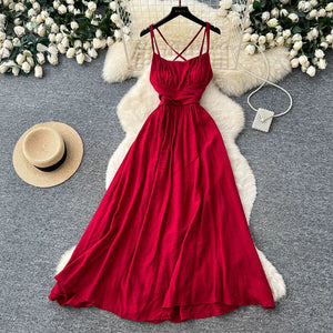 Niche resort style red suspender dress for women  autumn high waistslimming lookelegant long skirt french skirt