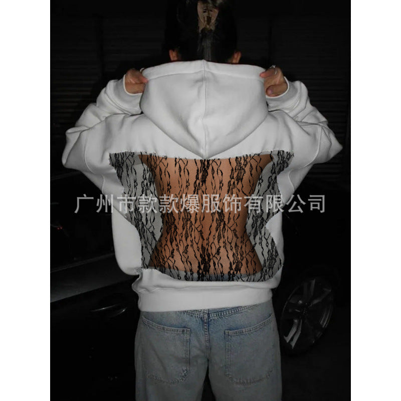 European and american cross-border  fall/winter new women's fashion  style solid color backless cutout mesh hoodie sweatshirt