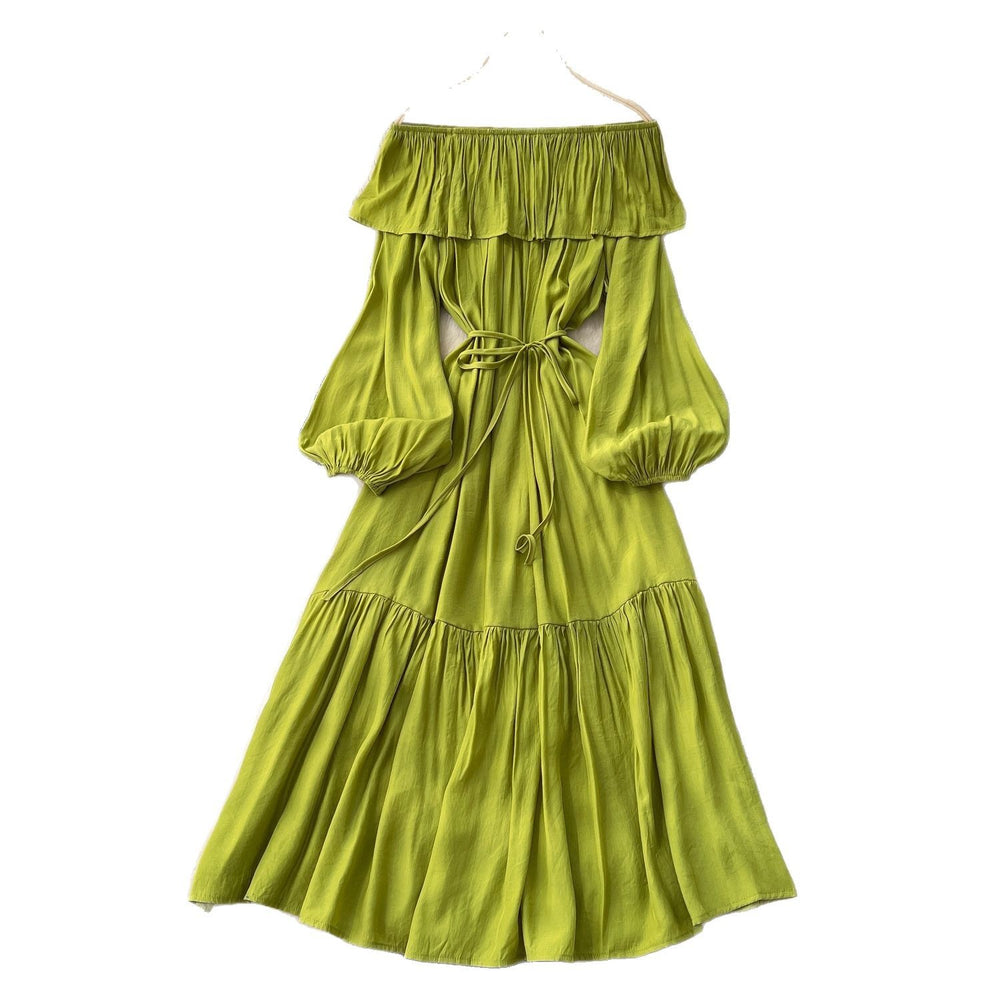 French chic one-shoulder ruffle trim lantern sleeve bodycon midi dress