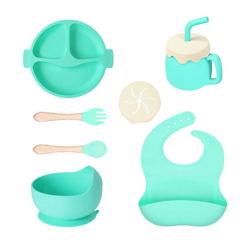 Children's Silicone Plate 7-piece Set Baby Separate Plate Feeding Bib Water Cup Fork Spoon Supplementary Food Bowl Tableware
