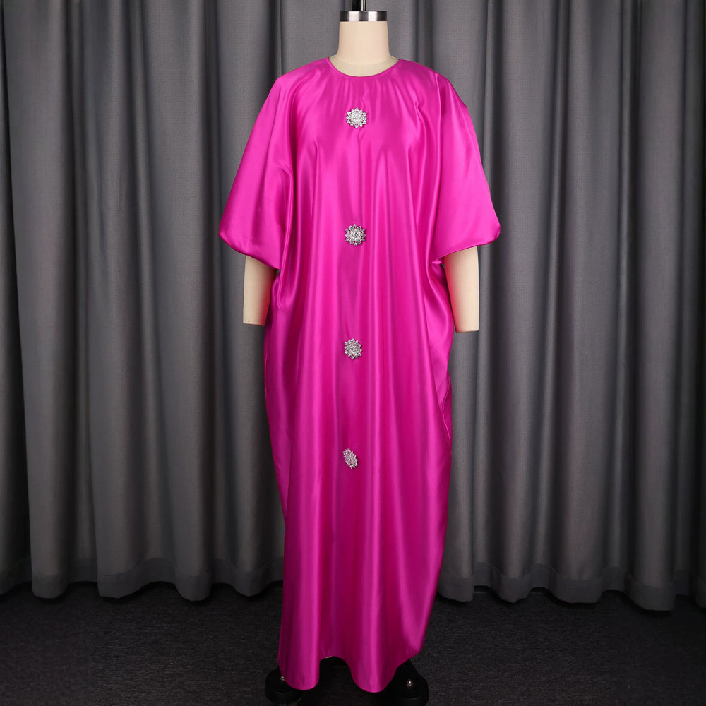 African-inspired loose fit lantern sleeve maxi dress - round neck, cinched waist, flowy hem, solid color party dress