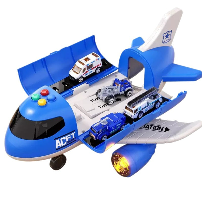 Kids' ejection transforming airplane storage toy set - alloy car, realistic fire truck, construction vehicle, police car, and transport helicopter for boys