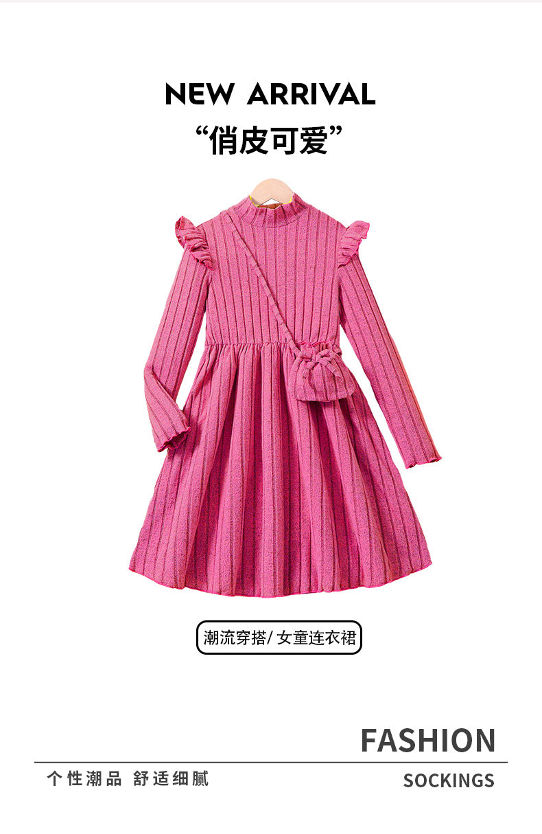 girldress peach pink autumlong sleevesknitting pit stripes flying sleeve skirt with shoulder bag kids long skirt