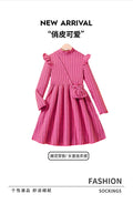 girldress peach pink autumlong sleevesknitting pit stripes flying sleeve skirt with shoulder bag kids long skirt