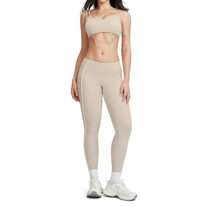 nude yoga clothes women's fitness clothes suit white contrast line stereo silm running fitness sportswear 5079