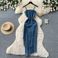 Korean style commute chic denim slip dress - women's summer korean slimming a-line maxi dress with high waist