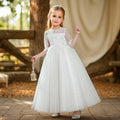 New girls' formal dress - lace children's skirt, long three-quarter sleeve, mid-to-large size flower girl wedding dress, princess dress - cross-border