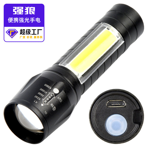 USB charging strong light mini flashlight XPE + COB strong light flashlight, tactical led charging zoom flashlight