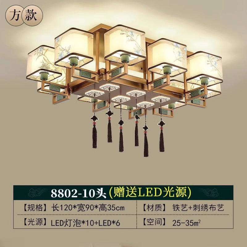 New Chinese style bedroom living room ceiling lamp Chinese style atmosphere Zen dining room box tea room embroidery fabric chandelier
