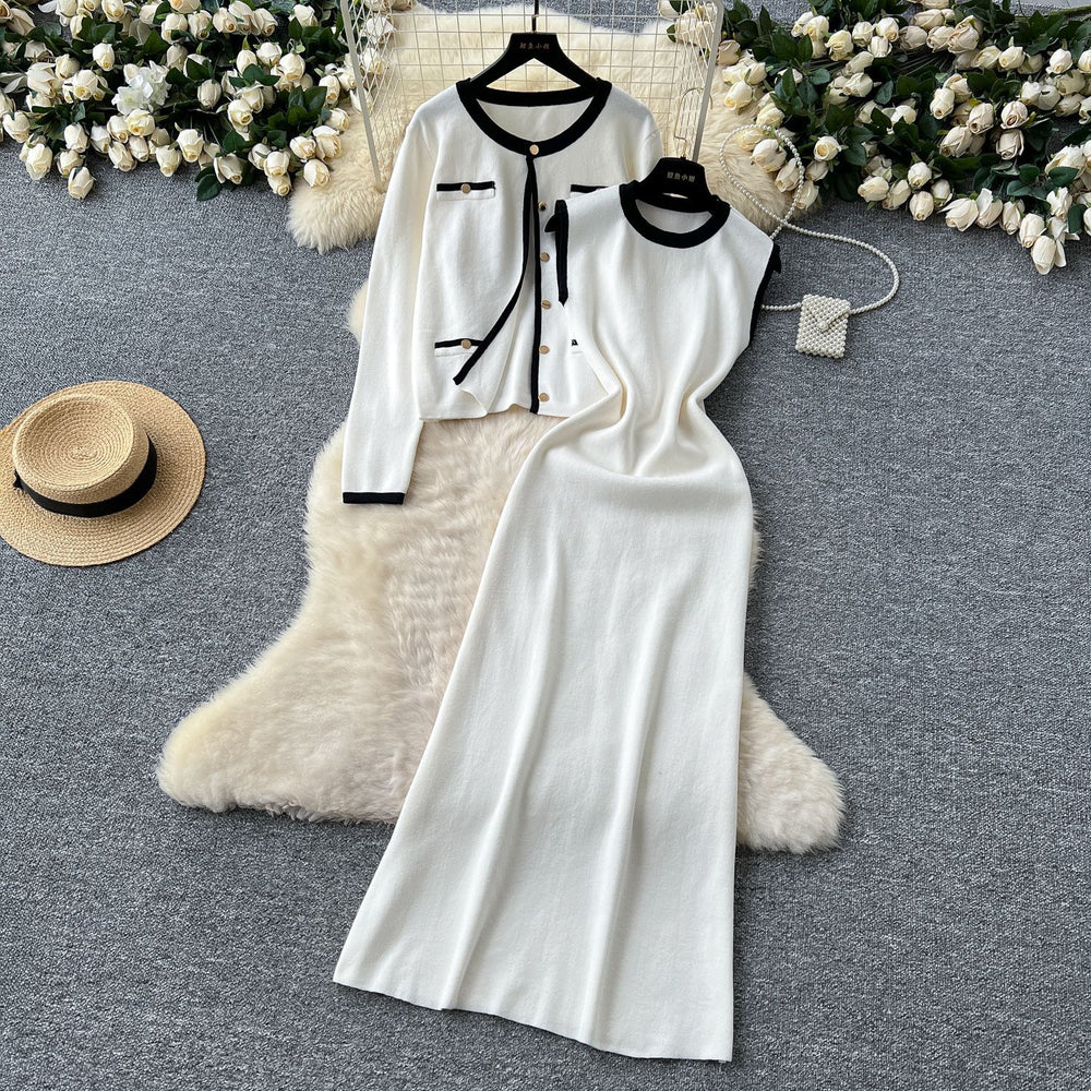 Xiaoxiangfengtwo-piece set women's fall and winterclassyeasiest for match round neck knittingcardiganoutwear + sleeveless vest dress