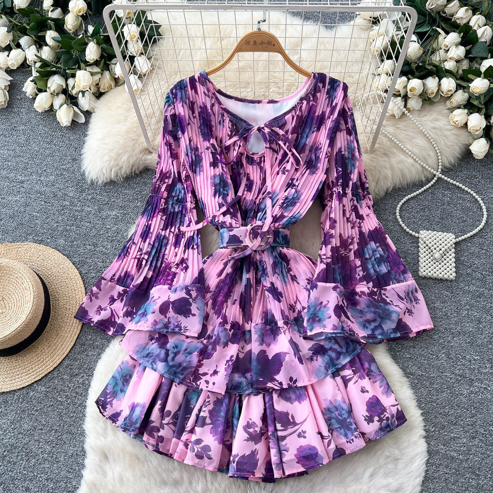 Frenchromantic style v neck strap waist floral dress female summerk-styleslimming lookruffleselegant a-line skirt