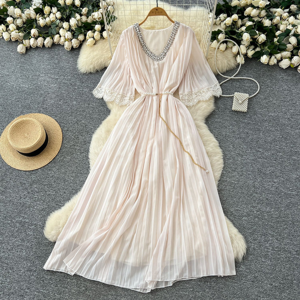 French-style embellished v-neck lace patchwork midi dress with ruched detail and tie-waist – women's loose-fit maxi dress