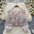 French chic off-the-shoulder long sleeve mesh blouse with 3d floral appliqués - women's summer top: loose fit, slimming, versatile, and unique