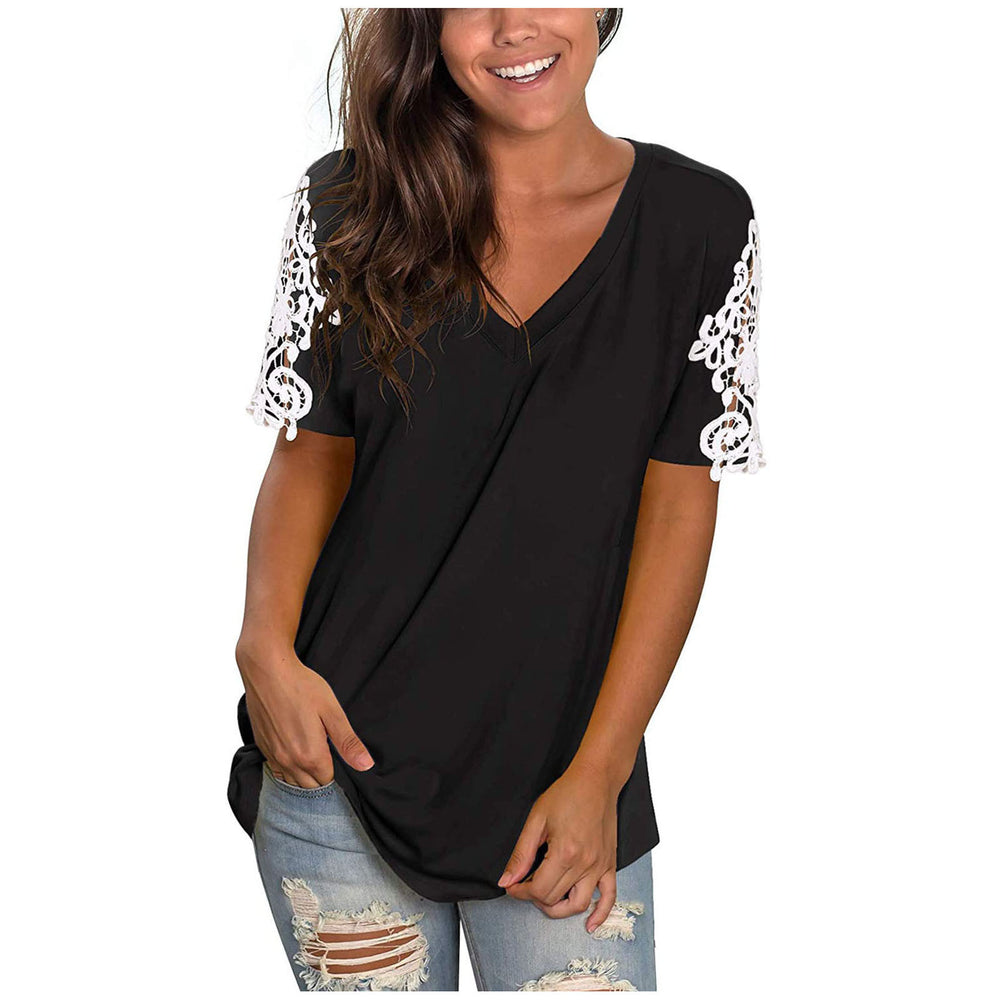 new women's lace short sleeve v-neck t-shirt - relaxed fit casual top with patchwork design