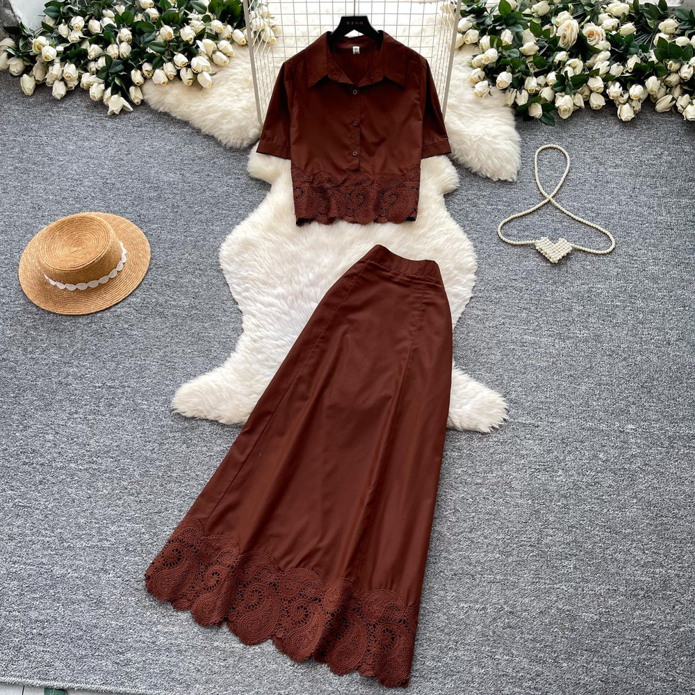 Korean style hollow-out lace tank top and midi skirt set - women's summer slim fit two-piece outfit - commute-friendly, light luxury, and elegant
