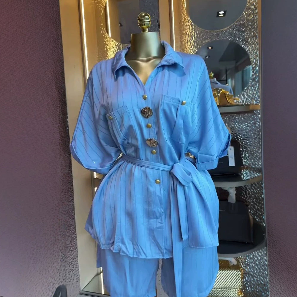 European and american cross-border women's fashion:  summer new collection - stylish casual striped tie-neck blouse and high-waisted shorts set