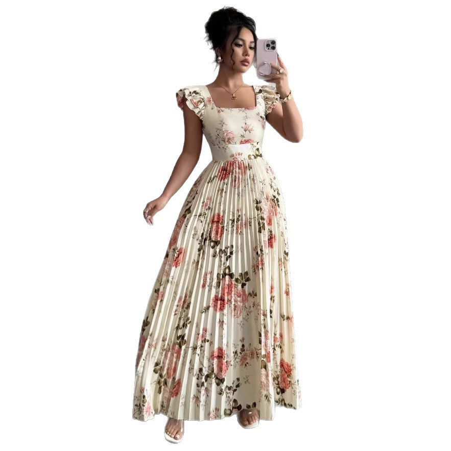 European and american spring/summer floral women's digital print pleated vacation style ruffle waist elegant romantic women's dress