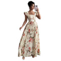 European and american spring/summer floral women's digital print pleated vacation style ruffle waist elegant romantic women's dress