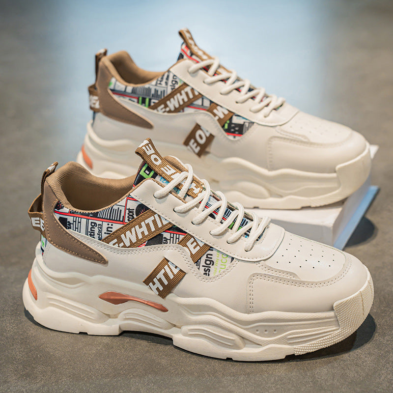 2025 spring new men's breathable white sneakers, trendy versatile chunky sole athletic shoes, casual dad shoes