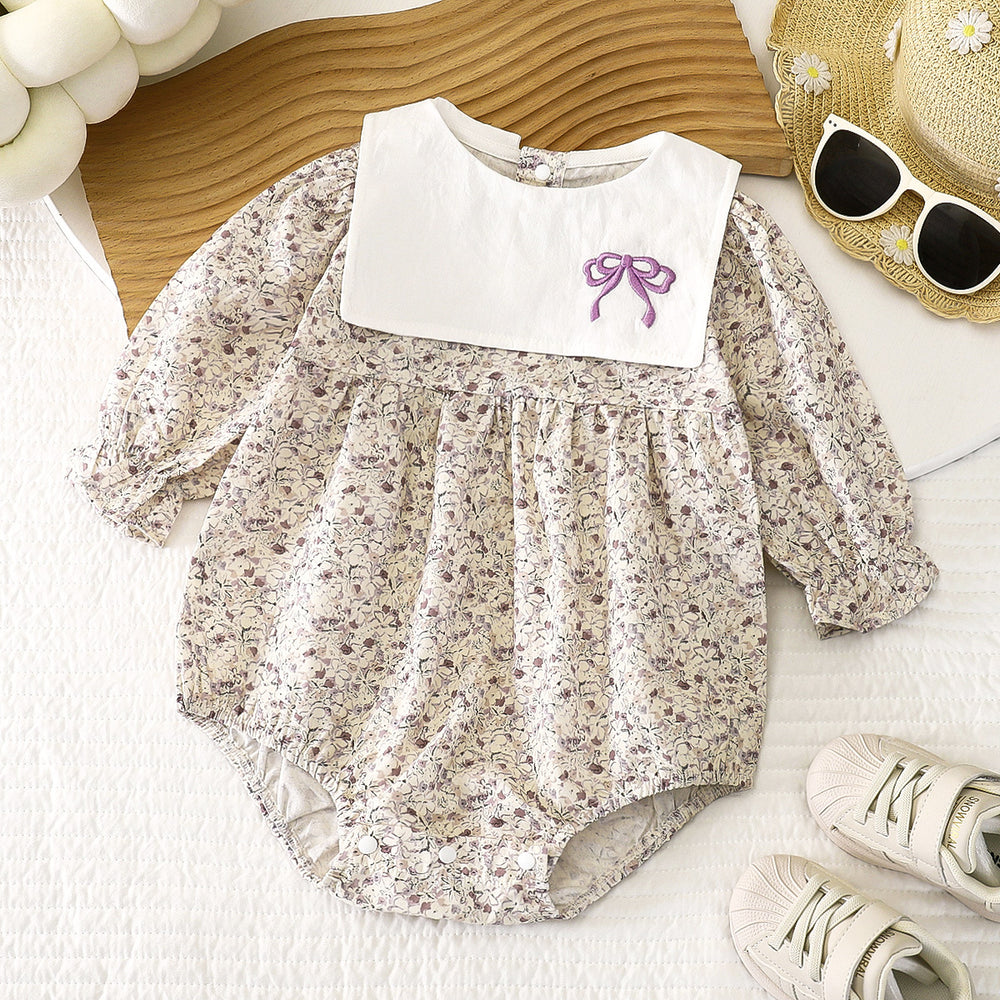 K-style baby summernew arrival bag butt baby pure cotton jumpsuit floral long sleeves romper female baby khaki