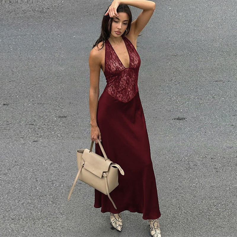 European and american women's clothing  winter new fashion deep v lace patchwork hollow-out waist-defining backless halter dress