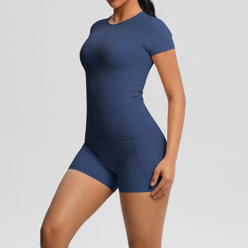 New arrival cross-border fashionpure color double-sided nylon brushed short-sleeved yoga suit sports running fitness two-piece set