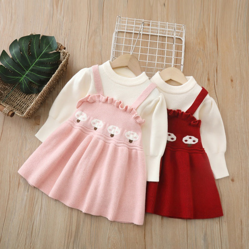 Kidssweaterlong skirtfall and winter new new year's greetings style bows christmas skirt girldress