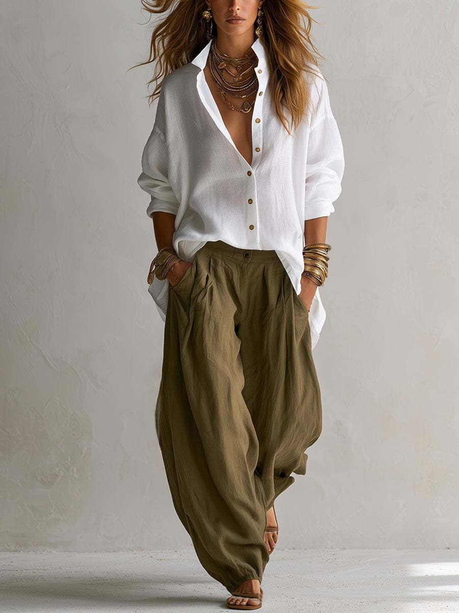 european and american cross-border women's fashion  spring/autumn collection: relaxed fit, high-end, effortless style long-sleeve top and pants two-piece set