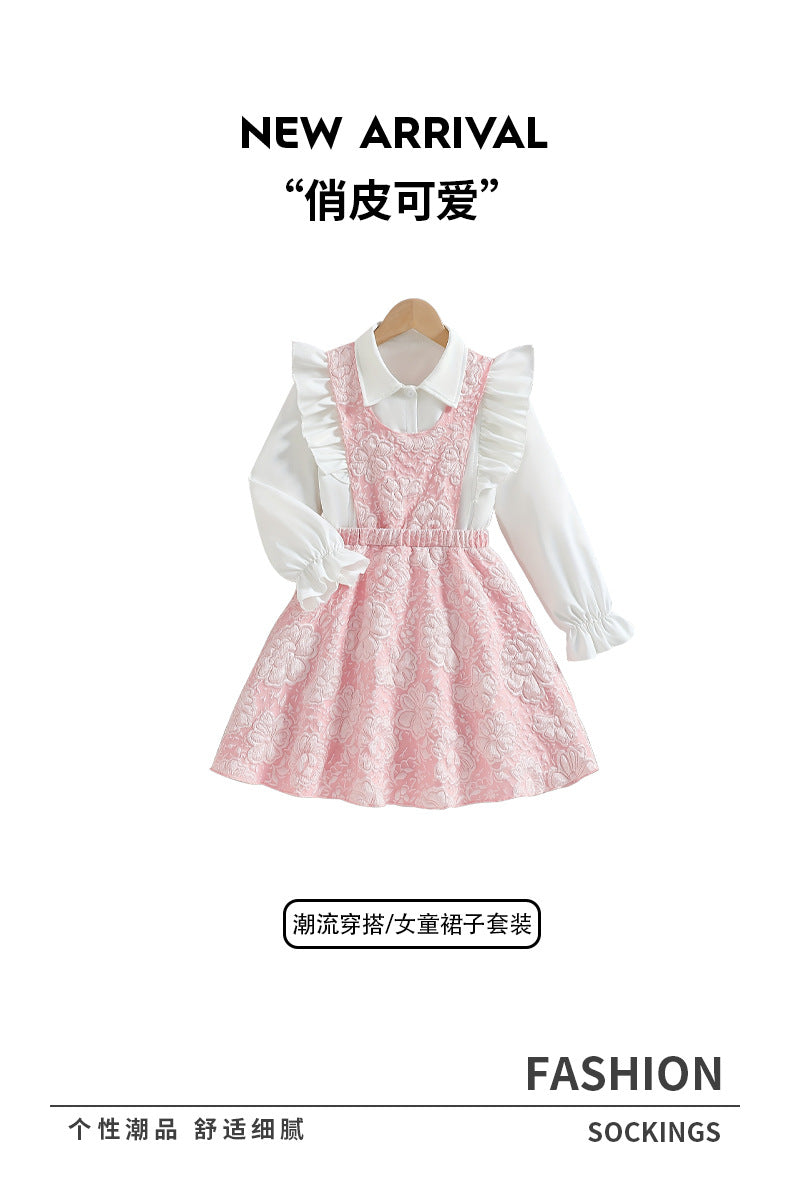girl cutedresslong sleeves fungus edge shirtpatchwork long skirt pink stereo flower children's a-line skirt