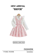 girl cutedresslong sleeves fungus edge shirtpatchwork long skirt pink stereo flower children's a-line skirt