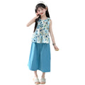 Girls' sleeveless summer outfit:  new summer style, trendy floral tank top and wide-leg pants two-piece set