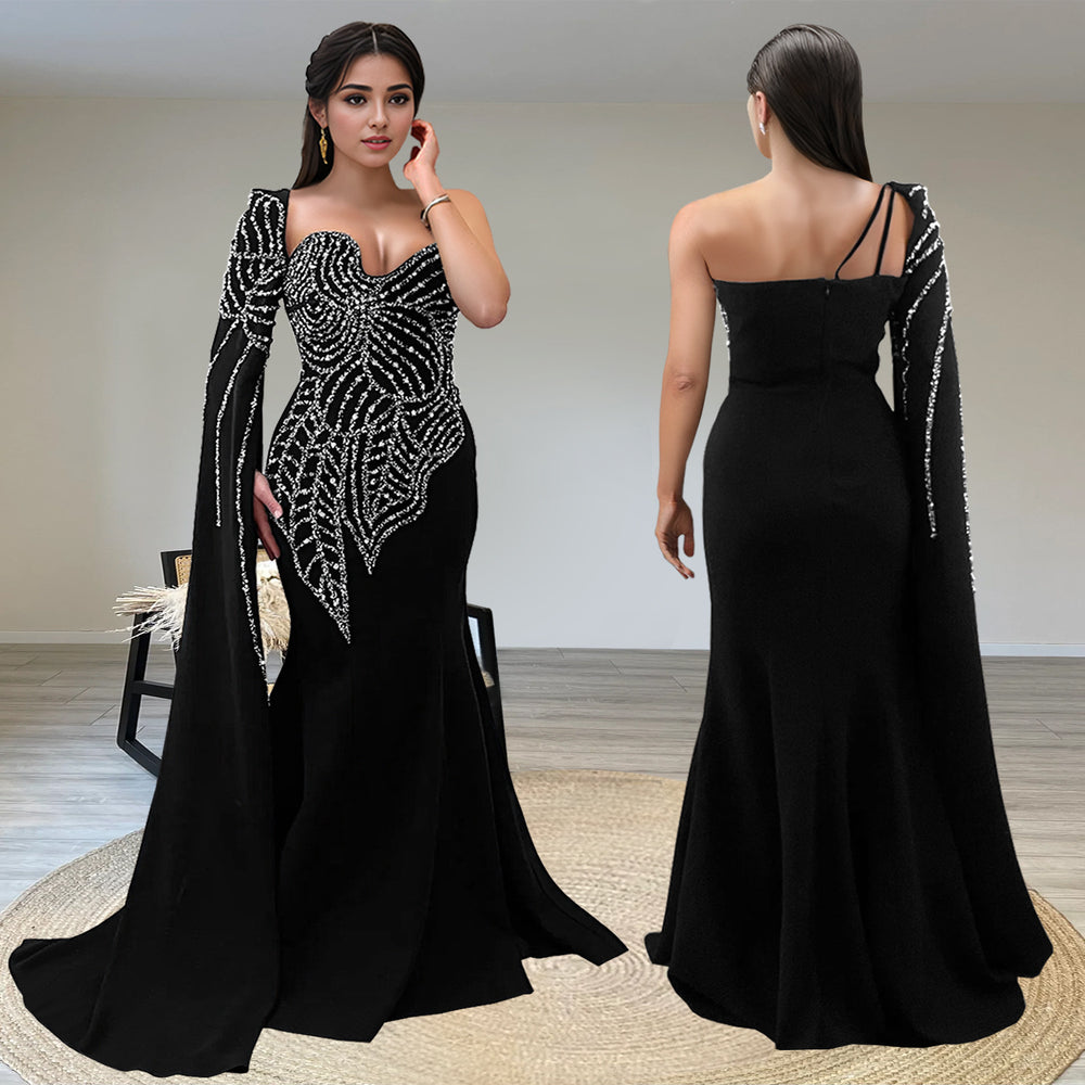 C7288 cross-border foreign trade women's independent station  hot diamond long dress black fishtail shawl long sleeves women