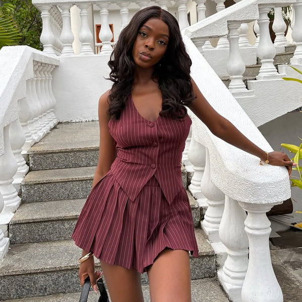 European and American  women's clothing 2025 summer new fashion burgundy V-neck striped vest vest pleated skirt set