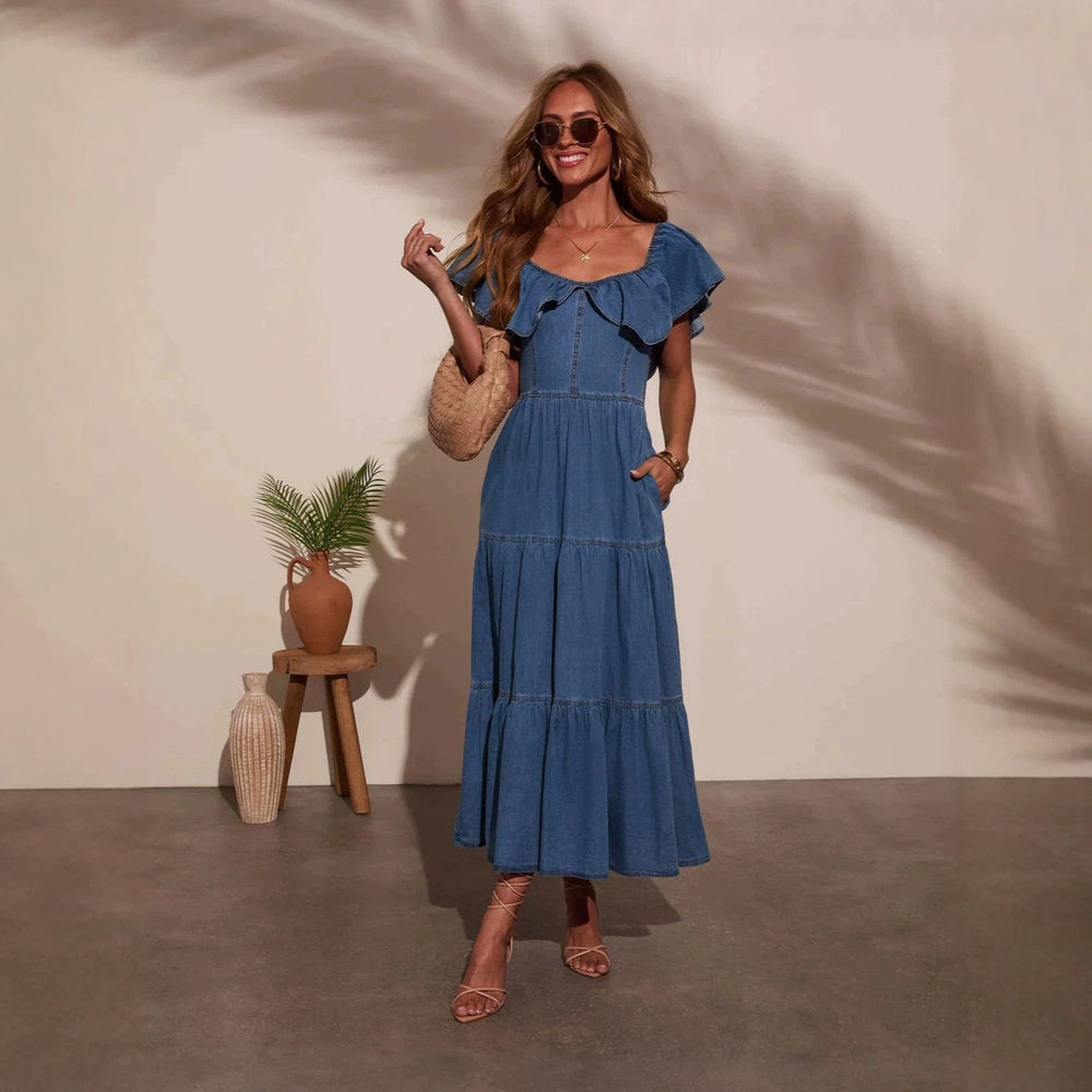Amazon cross-border e-commerce summer hot girl retro sexy v-neck denim backless cinched waist slimming maxi dress