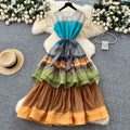 2025 summer women's french chic dress - high-end tie-waist, color block, ruffle hem maxi dress