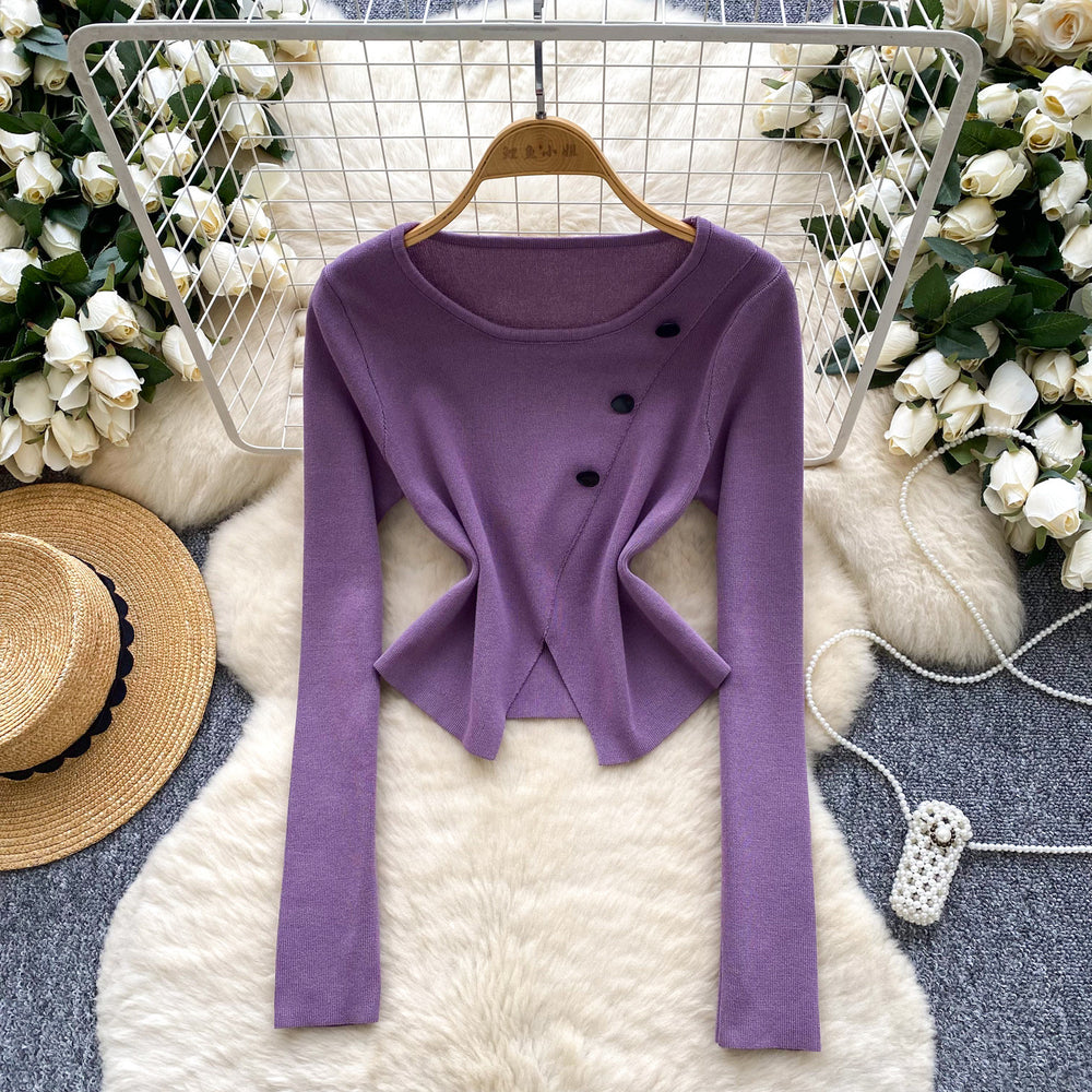 Long sleevesknitting shirt for women autumnew arrivalsense of designniche style slit button round neck long sleevesilm bottom shirt
