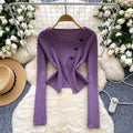 Long sleevesknitting shirt for women autumnew arrivalsense of designniche style slit button round neck long sleevesilm bottom shirt
