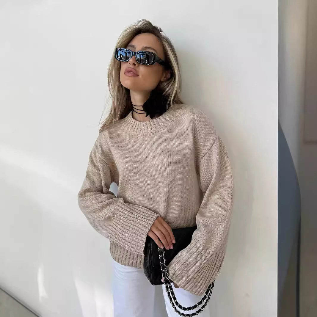 European and American   women's clothing loose women's long-sleeved round neck casual pullover knitted sweater fashionable solid color sweater women