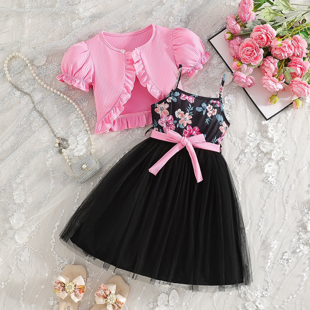 girldresssuit pink lantern sleeve outer printed suspender gauze skirt kids tutu skirt