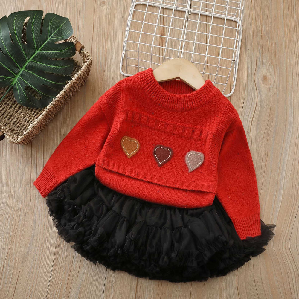 Kids' sweater  autumn/winter new collection tutu skirt set - baby girl knitted sweater & heart print princess dress set