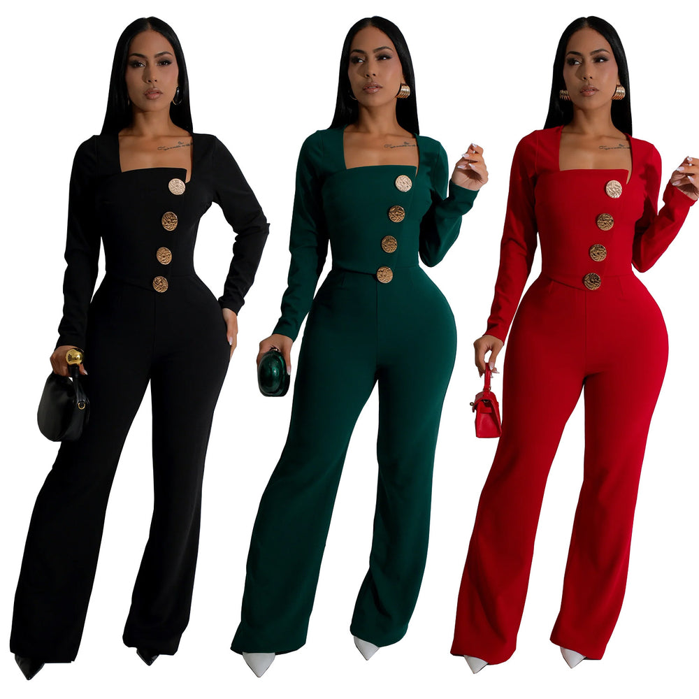 C7201 cross-border   fashion women's long-sleeve arm-hugging pants slim-fit solid color jumpsuit